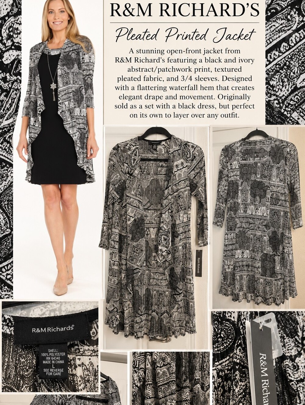 NWT R&M Richards Black & Ivory Pleated Printed Jacket